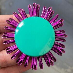 Vintage 1960’s Large Bright Teal Blue & Purple Flower Statement Brooch 2 2/3”
